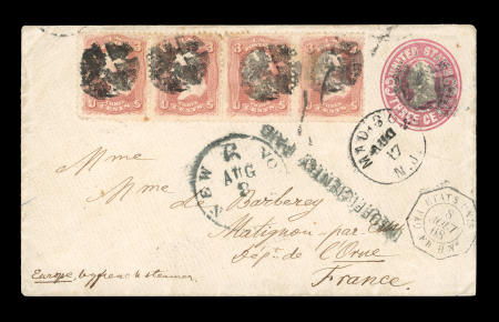 Stamp of United States » 1861-1866 issue United States 1868 uprated stationery envelope Madison to France with strip of four 3c