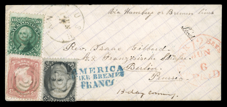 Stamp of United States » 1861-1866 issue United States 1863 Rush NY cover to Berlin, 3 colour franking, Uber Bremen