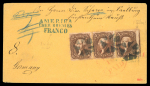 Stamp of United States » 1861-1866 issue United States 1866 cover to Germany franked strip of three 5c with part adjoing 4th stamp