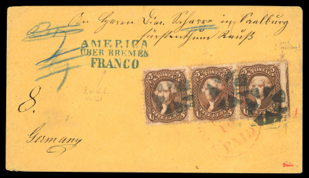 Stamp of United States » 1861-1866 issue United States 1866 cover to Germany franked strip of three 5c with part adjoing 4th stamp