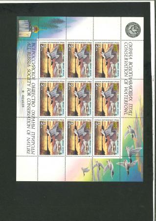 Stamp of Thematics Russia 1990 Duck conservation  3K sheetlet of nine line perforation numbered 000000 mint n.h.