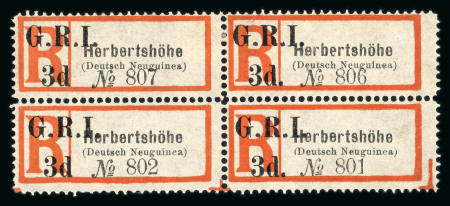 Stamp of New Guinea 1915 Herbertshöhe "G.R.I. 3d" on registration label in unused block of four showing variety "no stop after 3d" on left vertical pair