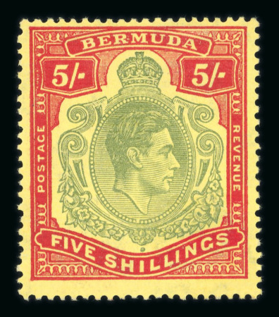 Stamp of Bermuda 1938-53 5s green and red on pale yellow ordinary paper, showing variety "missing pearl", mint