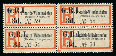 Stamp of New Guinea 1915 Friedrich-Wilhelmshafen (Deutsch-Neuguinea) "G.R.I. 3d" on registration label in unused block of four