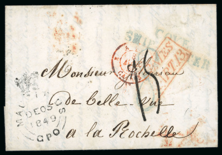 Stamp of Mauritius » Pre-Stamp & Stampless Postal History Mauritius 1849 entire to La Rochelle, France, blue COVE/ SHIP LETTER