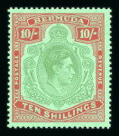 Stamp of Bermuda 1938-53 10s yellow-green and carmine on green, line perf.14 1/2, showing "gash in chin" variety, mint