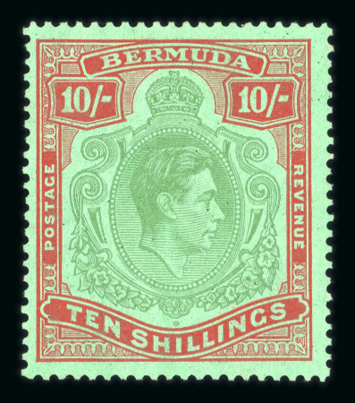 Stamp of Bermuda 1938-53 10s yellow-green and carmine on green, line perf.14 1/2, showing "gash in chin" variety, mint