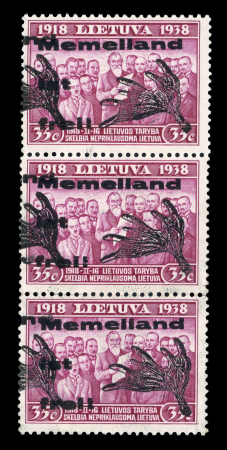 Stamp of Germany » Memel Local Issues Memel Local Issue 1939 35c partial double overprints vertical strip of three mint n.h.