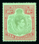 Stamp of Bermuda 1938-53 10s yellow-green and carmine on green ordinary paper, line perf. 14 1/2, showing broken lower right scroll variety, mint