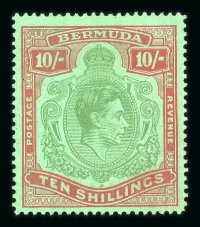 Stamp of Bermuda 1938-53 10s yellow-green and carmine on green ordinary paper, line perf. 14 1/2, showing broken lower right scroll variety, mint