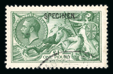 Stamp of Great Britain » King George V » 1913-19 Seahorse Issues 1913 Waterlow £1 green with "SPECIMEN" overprint and at foot partial Gabon UPU archive handstamp