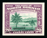 Stamp of North Borneo 1939 12c, 20c and 50c imperf. proofs in unissued colours and overprinted "SPECIMEN / WATERLOW & SONS LTD."