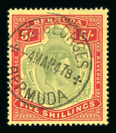 Stamp of Bermuda 1938-53 5s pale bluish green & carmine red on ordinary pale yellow paper showing variety gash in chin, used