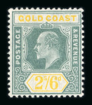 Stamp of Gold Coast 1904-06 2s6d green and yellow showing damaged frame and crown variety, mint l.h.