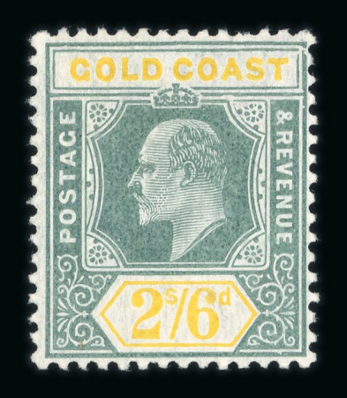 Stamp of Gold Coast 1904-06 2s6d green and yellow showing damaged frame and crown variety, mint l.h.