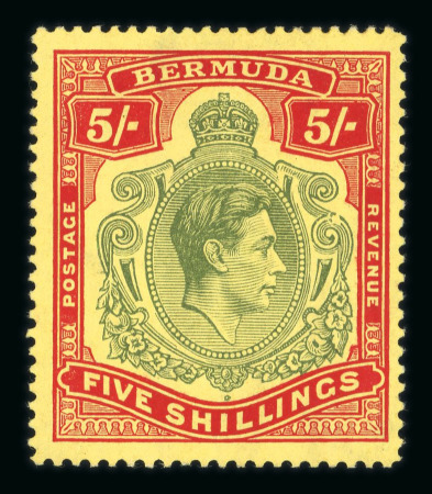 Stamp of Bermuda 1938-53 5s dull yellow-green and red on yellow paper, line perf. 14 1/2, showing broken lower right scroll variety