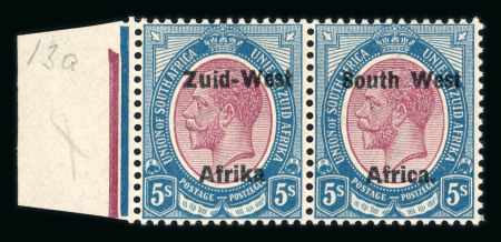 Stamp of South West Africa 1923 Setting II 5s purple and blue showing variety "Afrika" without stop in mint se-tenant pair,
