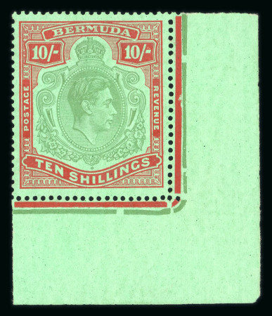 Stamp of Bermuda 1938-53 10s yellowish green and deep carmine red on green ordinary paper showing variety broken lower right scroll, mint