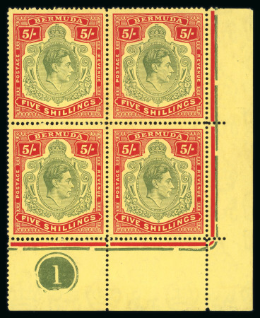 Stamp of Bermuda 1938-53 5s dull yellow-green and red on yellow paper, line perf. 14 1/2, in mint lower right corner marginal plate block of four with varieties