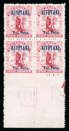 Stamp of Cook Islands » Aitutaki 1903 "Tai Pene." 1d carmine in mint lower marginal block of four with hand-etched plate number in margin