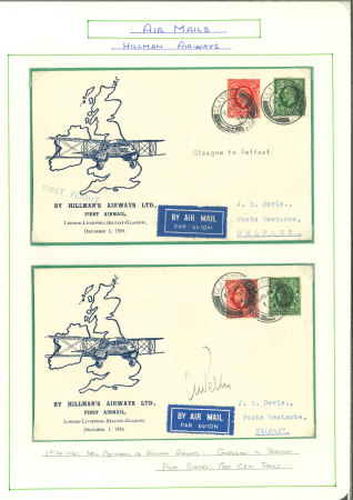 Stamp of Ireland » Airmails 1934–1946 Hillman Airway & Railway Air Services – First Flights. An attractive and meticulously mounted assembly of 46 first-flight and other flight covers, written up on album pages. Some are signed by pilots and predom
