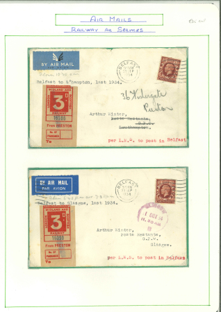 Stamp of Ireland » Airmails 1934 Railway Air Services – Irish Acceptance Flights Belfast to the UK and back. An attractive and meticulously mounted assembly of 80 flight covers, written up on album pages. The group includes a fine variety of specia
