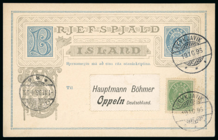 Stamp of Iceland Iceland 1895 5a blue stationery card uprated 5a green from Reykjavik to Germany