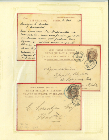Stamp of Ireland » GB Used In Ireland 1879–1901 Postal Stationery for use in Ireland. An attractive and carefully mounted assembly of over 40 one penny brown (1d) , 1/2d green and 1/2d brown postal cards etc., neatly presented on album pages. The collection 
