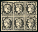 Stamp of France » Type Cérès de 1849-1850 1849, Cérès Y&T n°3, 20c noir sur jaune en bloc de