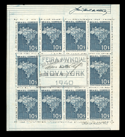 Stamp of Brazil » Later Issues 1940 New York World's Fair $1, $5 and $10 in sheetlets of 10, each signed in the middle by Armando Vidal, Brazil's Commissioner General to the World's Fair