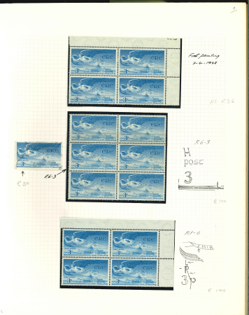 Stamp of Ireland » Airmails 1948–1965 Airmail Stamps. A large, duplicated, and highly specialised collection/accumulation of mint and used material, including singles, blocks (mint and used), and several large blocks up to 32. The selection all val