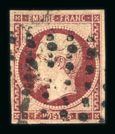 Stamp of France » Empire 1853-1862 1853, Napoléon non dentelé n°18a 1fr carmin foncé oblitéré
