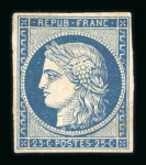 Stamp of France » Type Cérès de 1849-1850 1850, Cérès n°4 25c bleu réparé et petit pli. Signé