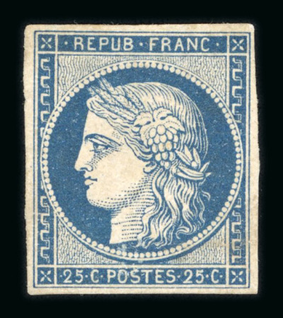 Stamp of France » Type Cérès de 1849-1850 1850, Cérès n°4 25c bleu réparé et petit pli. Signé