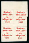 Stamp of Ireland » 1922 Overprint Proofs (PR1-PR29) Selection of Overprint Proofs. An attractive and specialised group of 30 overprint proofs in singles, pairs, and blocks of four and eight, including ½d green with red overprint, red overprint with blue-black backstamp, a