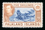 Stamp of Falkland Islands 1938-50 GVI 5s indigo and pale yellow-brown, mint nh, fresh, very fine and a scarce shade (SG £1'100).