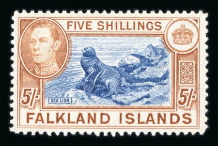 Stamp of Falkland Islands 1938-50 GVI 5s indigo and pale yellow-brown, mint nh, fresh, very fine and a scarce shade (SG £1'100).