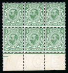 Stamp of Great Britain » King George V » 1911-12 Downey Head Issues 1911 KGV Downey Head die 1A 1/2d blue green in a fresh mint n.h. lower marginal block of six