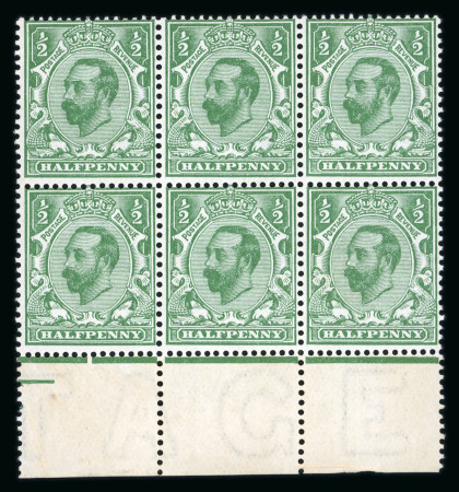Stamp of Great Britain » King George V » 1911-12 Downey Head Issues 1911 KGV Downey Head die 1A 1/2d blue green in a fresh mint n.h. lower marginal block of six