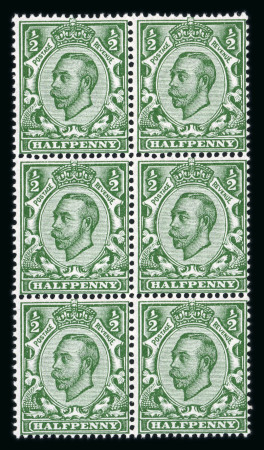 Stamp of Great Britain » King George V » 1911-12 Downey Head Issues 1911-12 KGV Downey Head 1/2d blue green die 2 in a fresh mint n.h. marginal block of six,