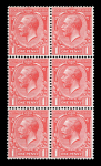Stamp of Great Britain » King George V » 1912-24 Profile Head Issues 1912-24 Royal Cypher 1d bright rose red mint n.h. block of six