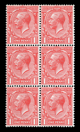 Stamp of Great Britain » King George V » 1912-24 Profile Head Issues 1912-24 Royal Cypher 1d bright rose red mint n.h. block of six