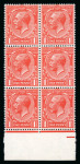 Stamp of Great Britain » King George V » 1912-24 Profile Head Issues 1912-24 Royal Cypher 1d bright scarlet vermilion mint n.h. lower marginal block of six