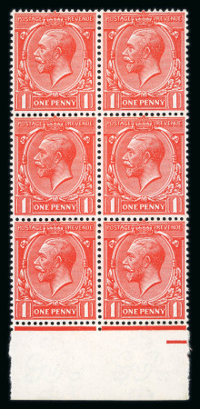 Stamp of Great Britain » King George V » 1912-24 Profile Head Issues 1912-24 Royal Cypher 1d bright scarlet vermilion mint n.h. lower marginal block of six