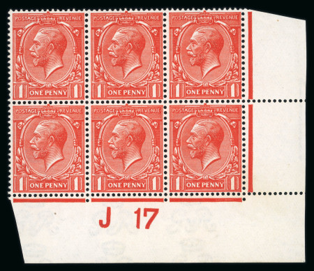 Stamp of Great Britain » King George V » 1912-24 Profile Head Issues 1912-24 Royal Cypher 1d deep bright scarlet vermilion in mint n.h. "J17" control block of six