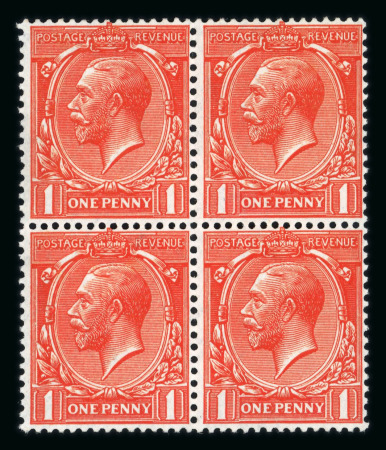 Stamp of Great Britain » King George V » 1912-24 Profile Head Issues 1912-24 Royal Cypher 1d deep orange vermilion, in a seemingly mint n.h. block of four