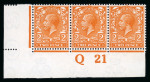 Stamp of Great Britain » King George V » 1912-24 Profile Head Issues 1912-24 Royal Cypher 2d intense bright orange in mint n.h. "Q21" control strip of three