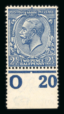 Stamp of Great Britain » King George V » 1912-24 Profile Head Issues 1912-24 Royal Cypher 2 1/2d indigo blue mint "O20" control single, with only the merest trace of a hinge
