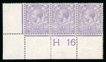 Stamp of Great Britain » King George V » 1912-24 Profile Head Issues 1912-24 Royal Cypher 3d very pale violet in mint n.h. "H16" control strip of three