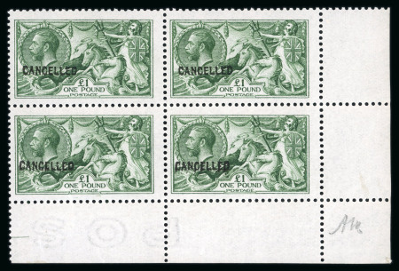 Stamp of Great Britain » King George V » 1913-19 Seahorse Issues 1913 Waterlow £1 colour trial in yellowish green on Joynson paper with "CANCELLED" type 24 overprint mint n.h. lower right corner marginal block of four